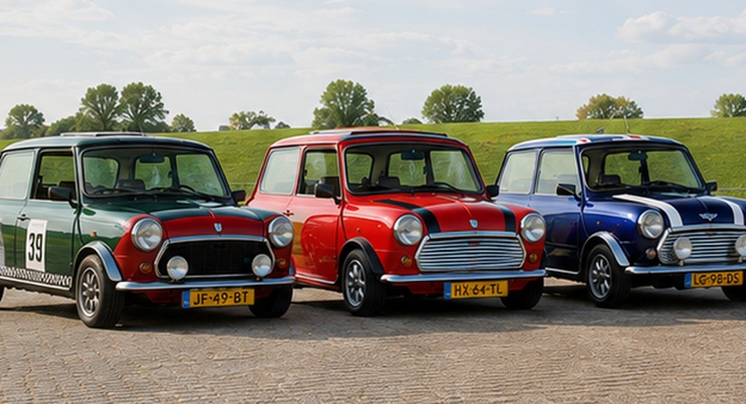 De groene, rode en blauwe Classic Mini van Oldtimer Experience langs de dijk